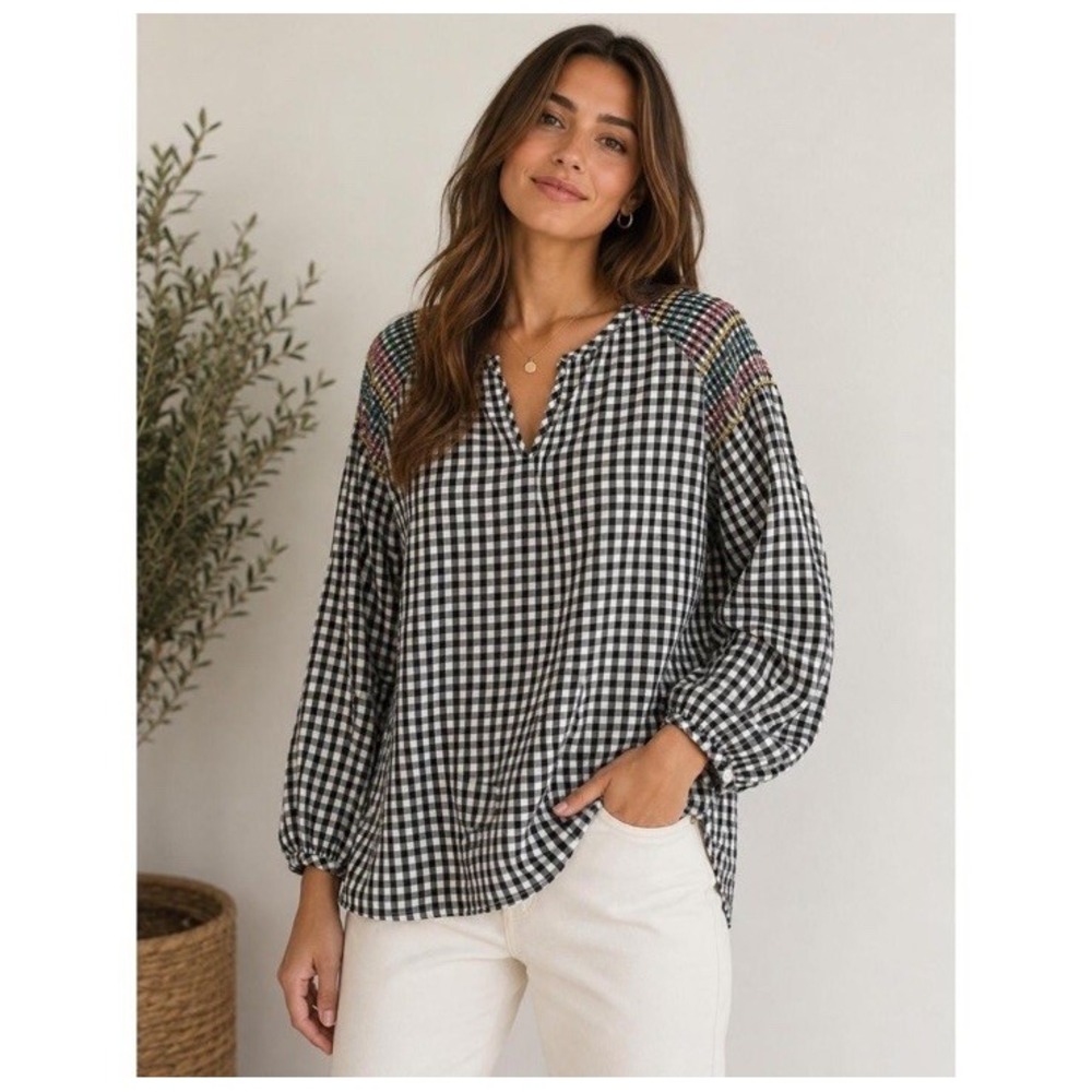 Madewell‎ Smocked Embroidered Gingham Blouse Cottagecore Boho Minimalist Preppy